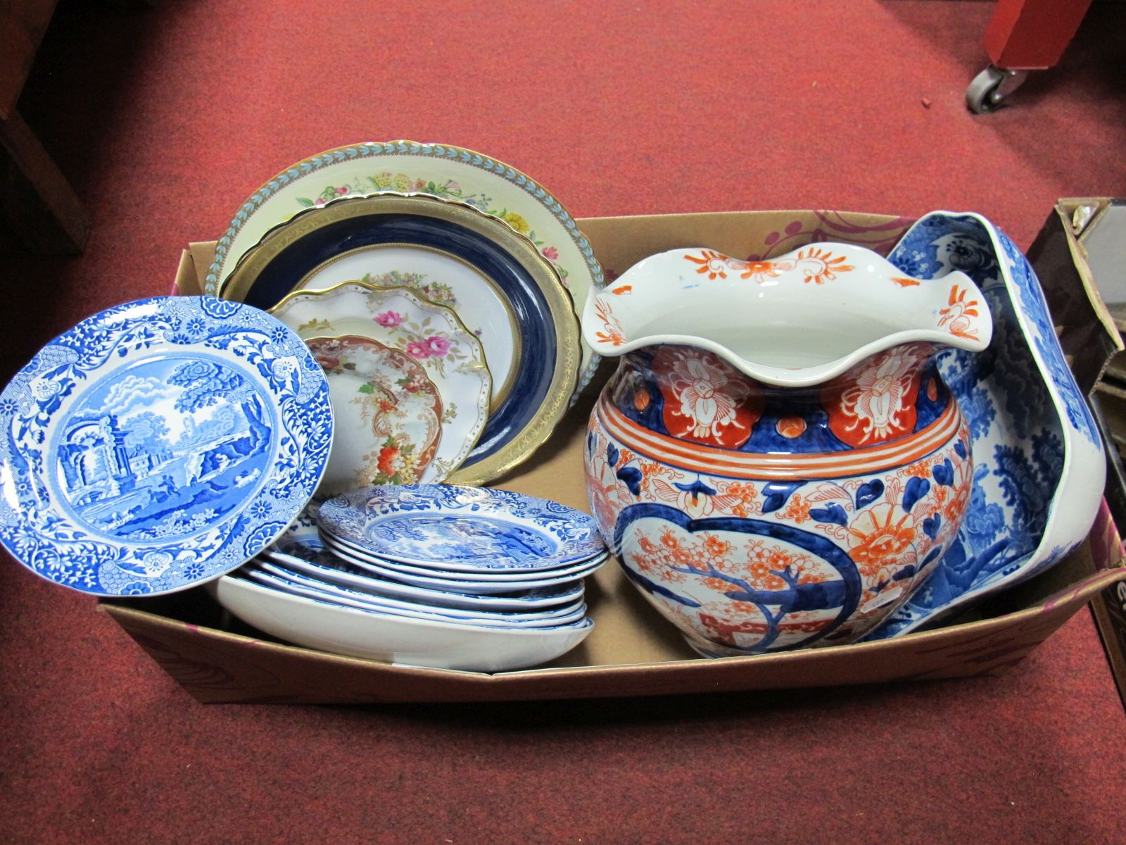 Japanese Imari Jardiniere, (chipped). Copeland, Italian, Spode, Derby and other plates.