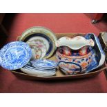 Japanese Imari Jardiniere, (chipped). Copeland, Italian, Spode, Derby and other plates.