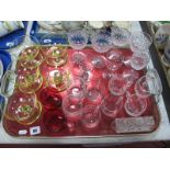 Two Cranberry Custard Glasses, eight others, wines, condiment set, sundaes:- One Tray