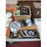 Clocks, Lucas car lamp, The Fletcher "Laurel" iron, enamel pails, etc:- Two Boxes