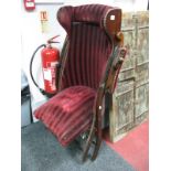 Early XX Century Folding Chair, having studded decoration, to striped claret upholstery.