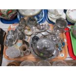 A Silver Plated Three Branch Candelabra, three metal bud vases, a gilt metal dressing table