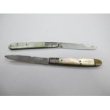 Two Part Hallmarked Silver and Mother of Pearl Folding Fruit Knives (damages). (2)