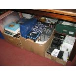 Boxed Champagne Flutes, kettles, purses, crystal wines, boxed Polaroid, cased and loose camera's and