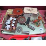 A Bone Domino Set, Chesterman leather tape measure, etc:- One Tray