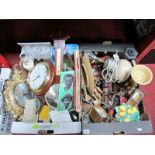 Table Lamp, wall clocks, barometer, postcards, binoculars, resin wares, decanters, etc:- Two Boxes