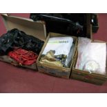 A Quantity of Ladies Bags, linens, fabric, buttons, knitting needles, wool, etc:- Three Boxes and