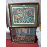 Joe Scarborough Framed Print "Fire", together with a Lowry style woolwork picture of factories and