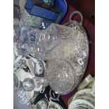 Ships and Two Whiskey Decanters, on oval plated serving tray.