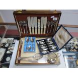 A Small Canteen of Plated Cutlery, contained in a wooden canteen case, cased teaspoons, scissor