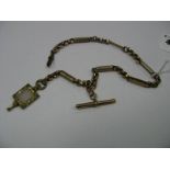 A Fancy Link Albert Chain, stamped "9c", suspending a T-bar and decorative pocketwatch key.