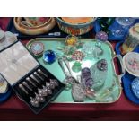 Paperweights, plated teaspoons (boxed) plated, spoons etc:- One Tray