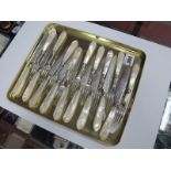 A Set of Nine Hallmarked Silver and Mother of Pearl Fruit Knives and Forks, all with engraved