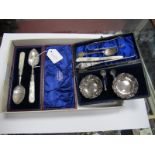 A Pair of Hallmarked Silver Salts, in a fitted case with associated spoons; together with a pair