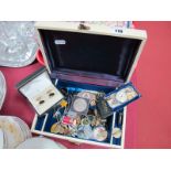 Gent's Cufflinks, enamel and other badges/pins, map measure etc, contained in a jewellery box.