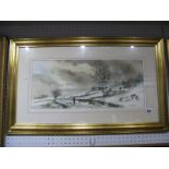 Des Brophy (Sheffield Artist) Watercolour, 'Winter', 22.5 x 52cms. Signed and dated '96, lower