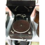 A Columbia Black Leatherette Covered Portable Record Player.