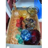 An Amber Flashed Glass Drinks Set, a red flashed glass bowl, cranberry style drinking glasses,