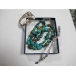 A Modern Turquoise Bead Necklace, together with matching bracelet, indistinctly stamped "925",