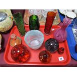 Wedgwood Glass Pear Paperweight, other paperweights, Whitefriars style vases, etc:- One Tray