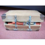 A Canvas and Leather Expanding Revelation Suitcase, containing a pair of large 1970's curtains.
