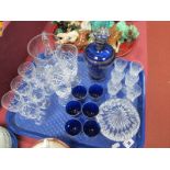 Six Webb Corbett Sherries, blue and silvered glass liqueur set, etc:- One Tray