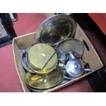 An Old Hall Stainless Steel Teapot, milk and sugar bowl, brass trays other metalwares etc:- One Box