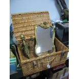 A Wicker Picnic Basket, stamped F.M on top, gilt wall mirror, brass horse brasses, brass two