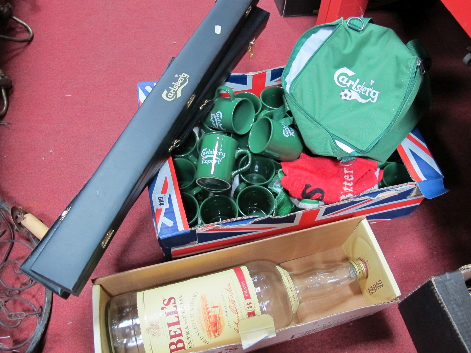 Carlsberg Export Mugs, glasses, large Bells Whisky bottle, Carlsberg poole cases, etc:- One Box