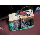 A Wheel Lock, Socket Sets, Foot Pump, Spanners, and other mechanics tools.