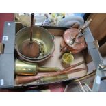 A XIX Century Copper Kettle, XIX Century brass jam pan, XIX Century copper funnel, copper horn etc:-