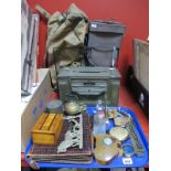 An Ammo Tin, military stitched leather case, a gunfire controller,m together with miniature soda
