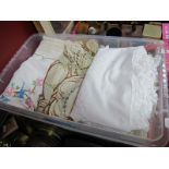 Embroidered Table Covers, place mats, sheets, etc, together with linen, crocheted mats, etc:- One