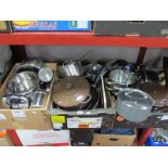 Stainless Steel Kitchenalia, including pressure cooker, pans, Le Creuset pot, etc:- Three Boxes