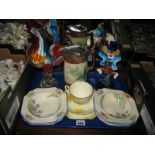 A Murano Style Multicoloured Glass Model Cockerel and Clown, Victorian glazed jug, Grafton trio,