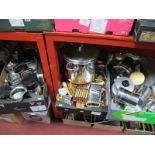 Stainless Steel Kitchenalia, including cutlery, cooking pans, cafetiere, etc:- Three Boxes
