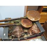 A XIX Century Copper Ketle, Brass Trivets, copper warming pens etc. One Box