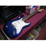 A Fender Squier Stratocaster Electric Guitar, electric blue body, white plastic finger board, s/n ic