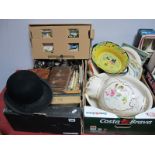 A Four Section Cruet, wine coasters, brass tea canister, top hat, plated tankard, dishes,