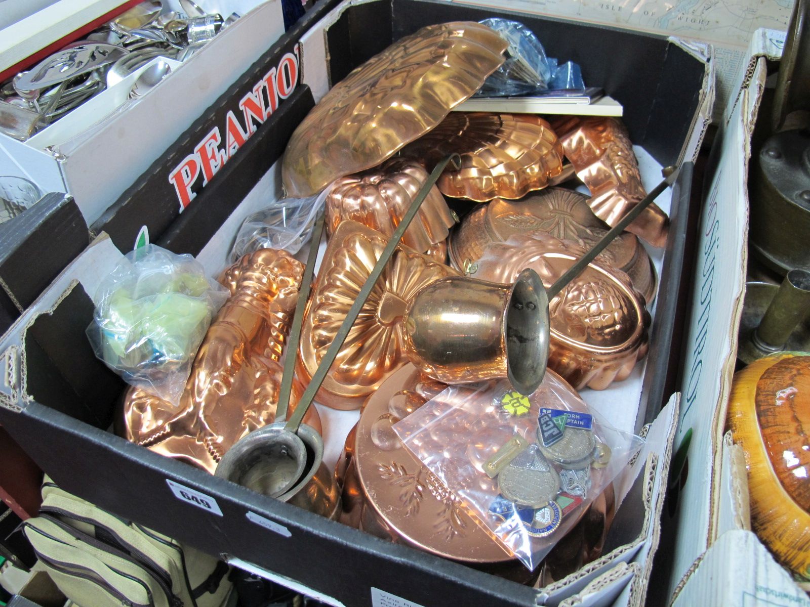 A Collection of Victorian Style Copper Moulds, varying designs, ladles, together with pine decimal