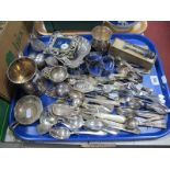 A Silver Plated Tankard, silver plated napkin rings, butter dish, flatware etc:- One Tray