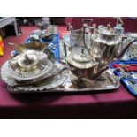 An Oval Plated Three Piece Tea Service, pierced basket and bonbon dish, casserole holder,
