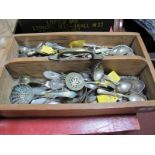 Ladles, shell salt, other cutlery, in pine carry box.