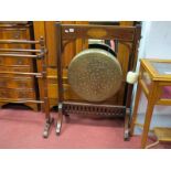 Edwardian Inlaid Mahogany Dinner Gong, rail with batwing inlay central brass gong on support legs.