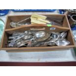 Mother of Pearl Handled Jam Spoon, table knives, other cutlery, in stripped carry box.