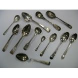 Assorted Hallmarked Silver Spoons, including Newcastle Fiddle and Shell pattern mustard spoon.