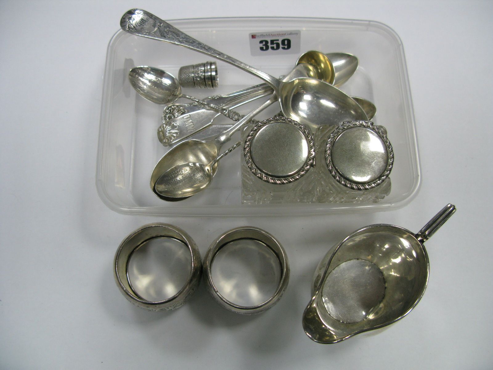 Silver Hallmarked Cream Jug, (marks rubbed) a pair of inkwells with silver lids, silver hallmarked