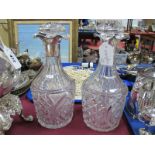 A Pair of Hallmarked Silver Glass Decanters, WS CS, Sheffield 1920, each of baluster form, each with