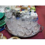 A Harrod's Oval Plated Tray, whisky decanter with silver label, ten glasses.