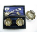 A Pair of Hallmarked Silver Salt Spoons, a pair of shell salts in fitted case, a larger shell and
